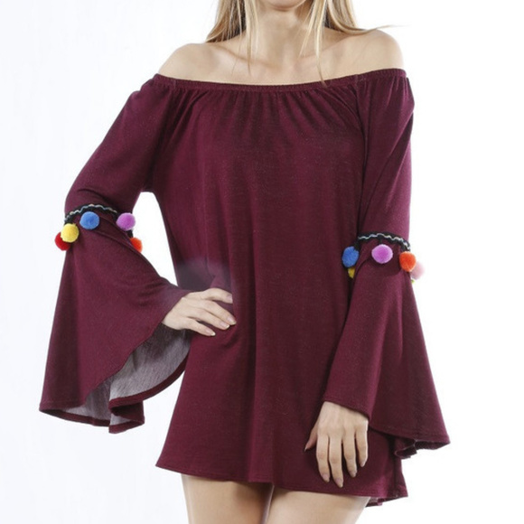 Tops - BURGUNDY TUNIC TOP WITH POM POMS